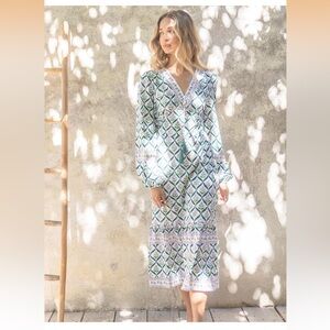 Sunny Spirit Maxi Boho Floral Print V Neck Flowy Tassel with Long Puff Sleeves.